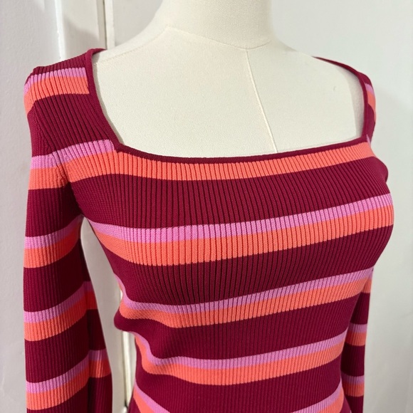 Striped Square Neck Sweater Pink Orange Burgundy Y2K Sz S 90s Retro Casual - Picture 2 of 8